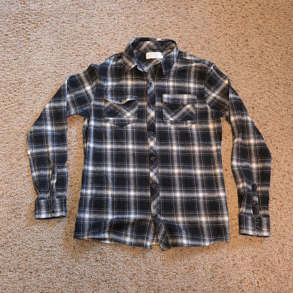 Eleven Paris Mens‎ Black White Plaid Flannel Button Down Shirt 16F1SH06 Small